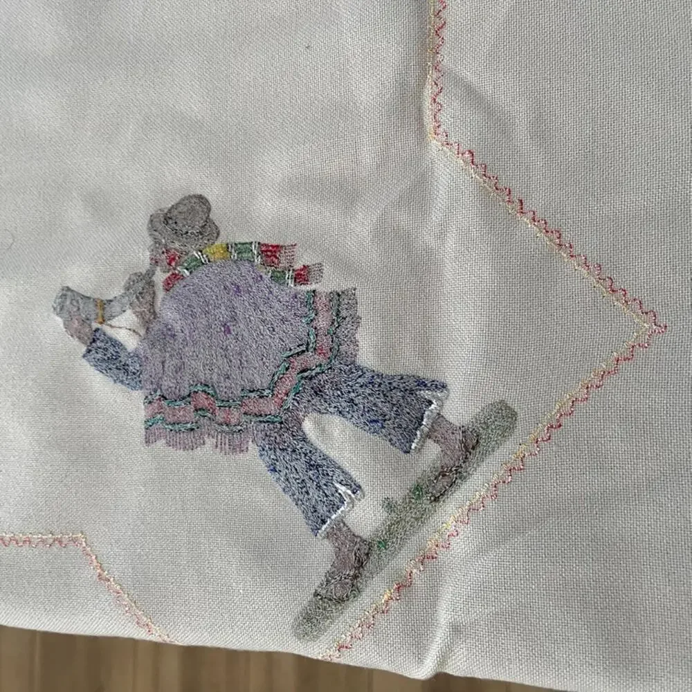 Vintage Hand-Embroidered Folk Figures & Motifs Taupe Cotton Tablecloth 52 x 70